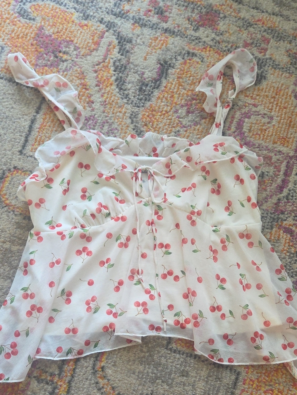 Wild Fable Target Womens White Cherry Print Ruffle Tie-Strap Top Chiffon Small